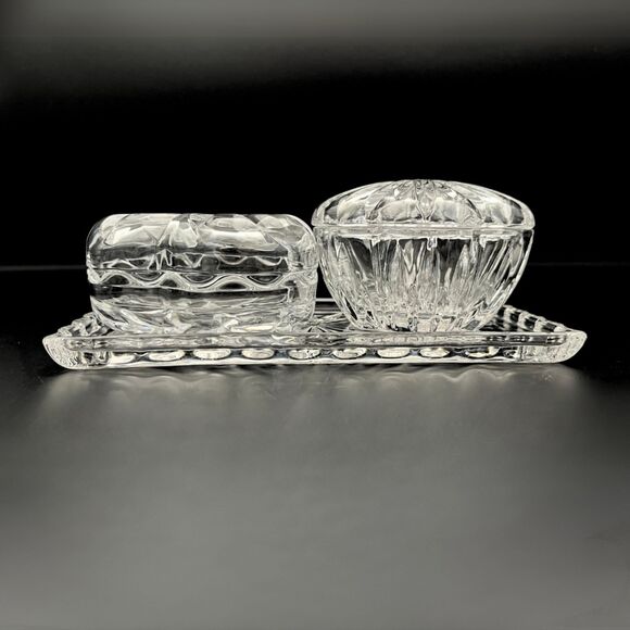 Vintage Glass Vanity Set Cristal d'Arques France Lead Crystal Trinket Dish Tray - Picture 5 of 6